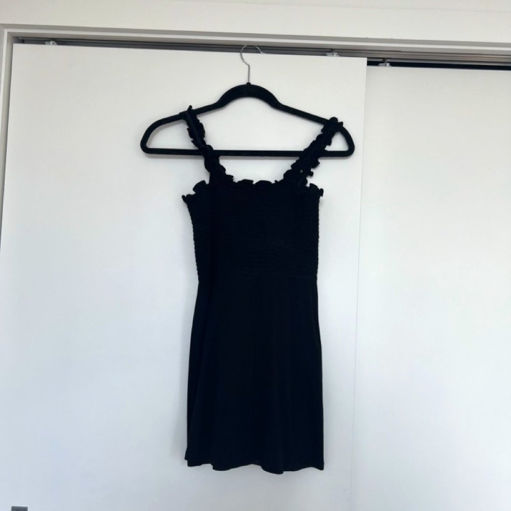 Reformation Black Smocked Mini Cotton Dress, size XXS